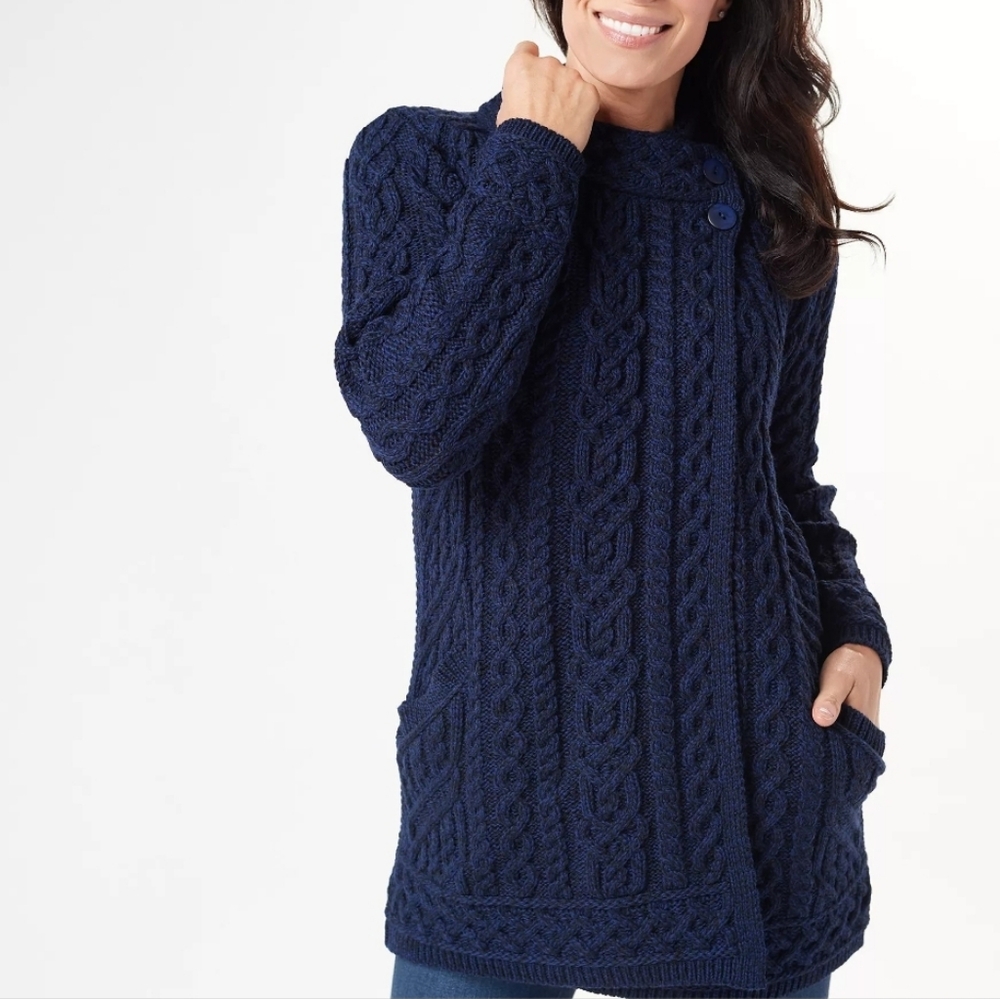 Aran Crafts 100% Merino Wool Chunky Cableknit Sweater Cardigan Small